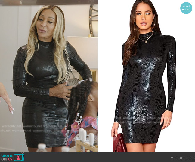 OyoAngle Long Sleeve Mock Neck Crocodile Print Dress worn by Karen Huger on The Real Housewives of Potomac