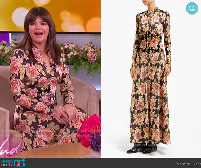 Paco Rabane Rose-Print Satin And Velvet Maxi Dress worn by Casey Wilson on The Jennifer Hudson Show