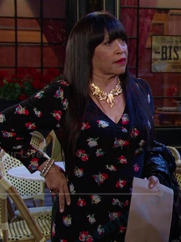 Paulina’s black floral wrap dress and necklace on Days of our Lives