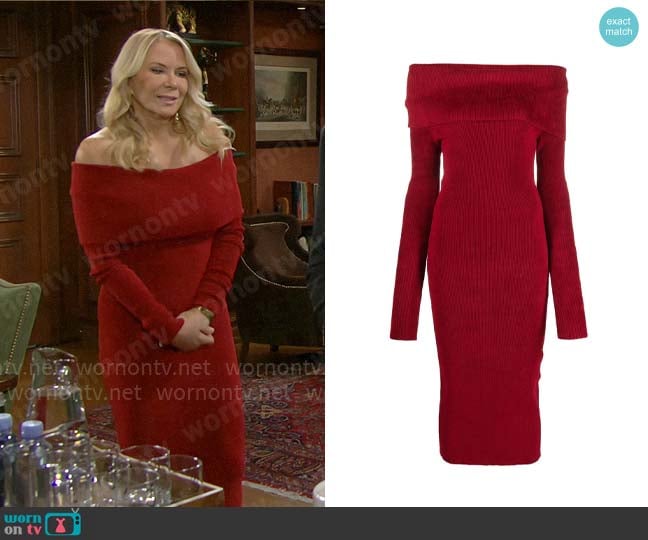 Philosophy Di Lorenzo Serafini Off-shoulder ribbed midi dress worn by Brooke Logan (Katherine Kelly Lang) on The Bold and the Beautiful