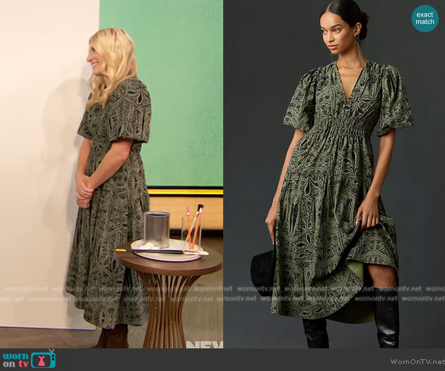 Pilcro Corduroy Ruched Printed Midi Dress worn by Jasmine Roth on The Drew Barrymore Show