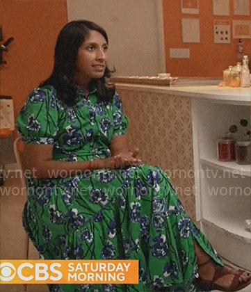 Pooja Bavishi's green floral midi dress on CBS Mornings