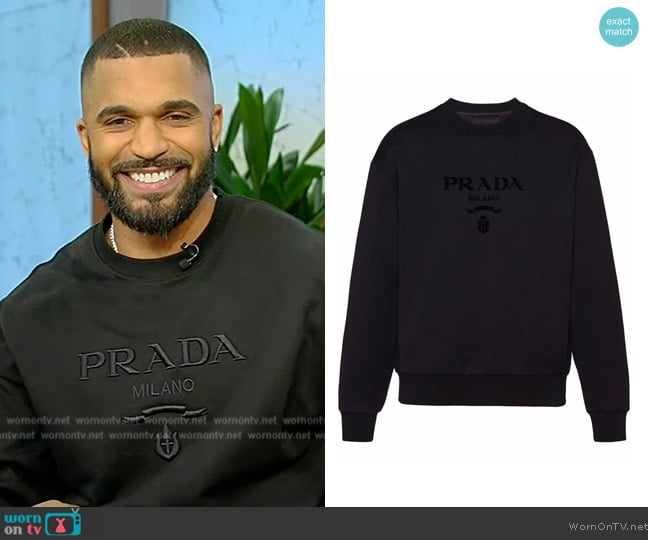 Prada Chenille-logo sweatshirt worn by Tyler Lepley on Tamron Hall Show