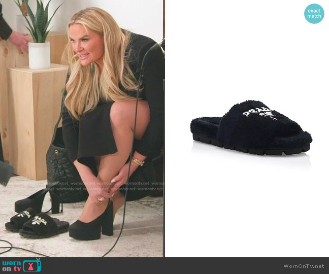 Prada Terry Faux Fur Logo Slides worn by Heather Gay on The Real Housewives of Salt Lake City