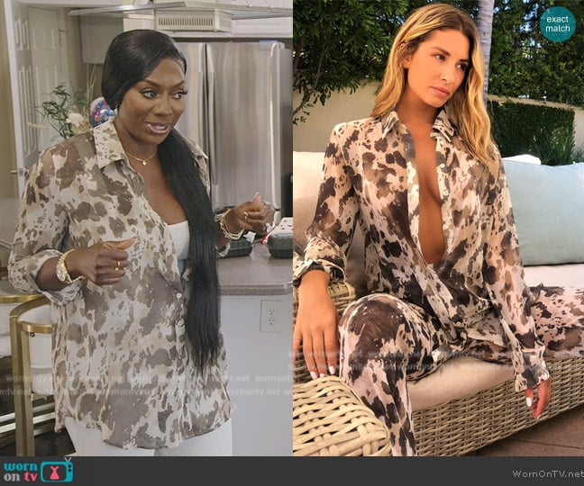 Pretty Little Thing Brown Cow Print Beach Shirt worn by Wendy Osefo on The Real Housewives of Potomac