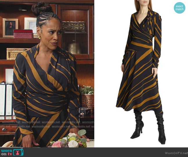 Proenza Schouler Diagonal Stripe Twisted A-Line Dress worn by Lola Carmichael (Simone Missick) on All Rise