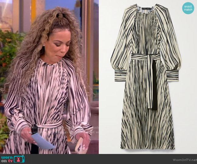 Proenza Schouler Flou belted pleated striped crepe midi dress worn by Sunny Hostin on The View