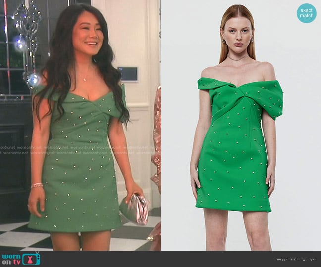 Rachel Gilbert Matteo Beaded Mini Dress in Green worn by Crystal Kung Minkoff on The Real Housewives of Beverly Hills