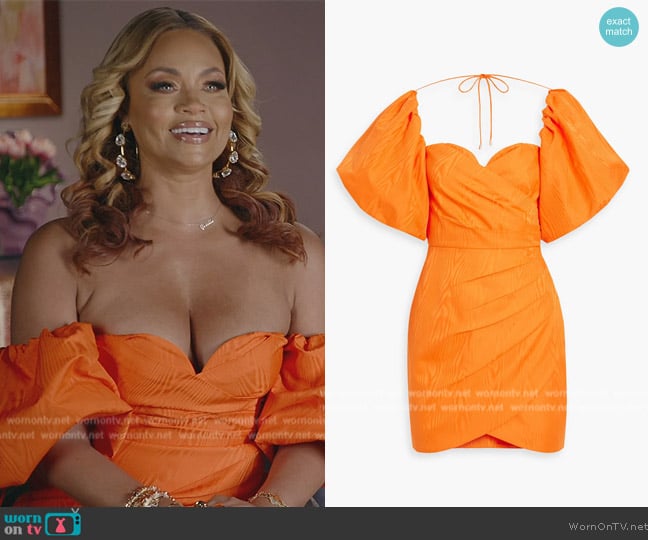 Rebecca Vallance Carmelita wrap-effect moire mini dress worn by Gizelle Bryant on The Real Housewives of Potomac