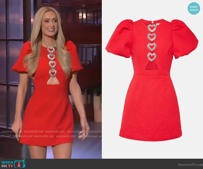 Rebecca Vallance Chiara cutout crepe minidress worn by Paris Hilton on The Kelly Clarkson Show