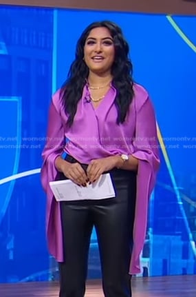 Reena's purple satin draped wrap blouse on Good Morning America