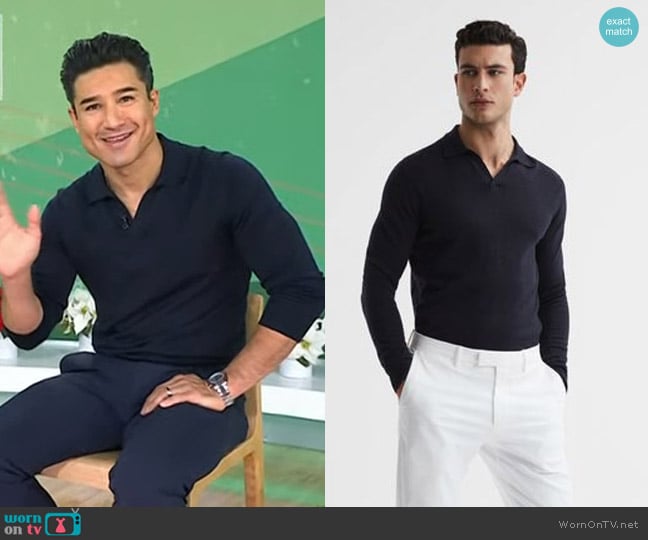 Reiss Merino Wool Open Collar Polo Shirt in Navy worn by Mario Lopez  on Today