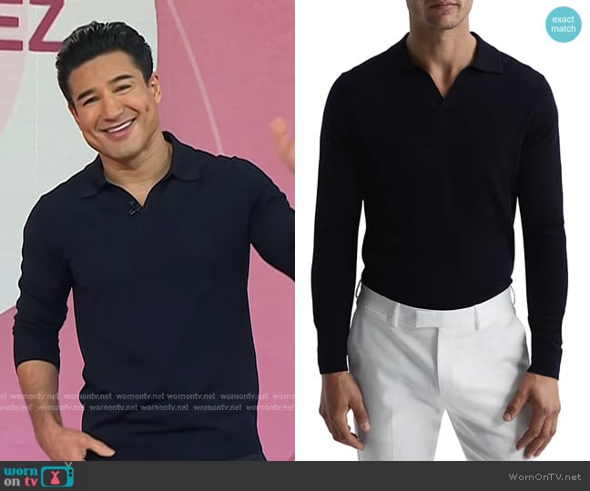 Reiss Milburn Long Sleeved Open Collar Sweater in Navy worn by Mario Lopez on Today