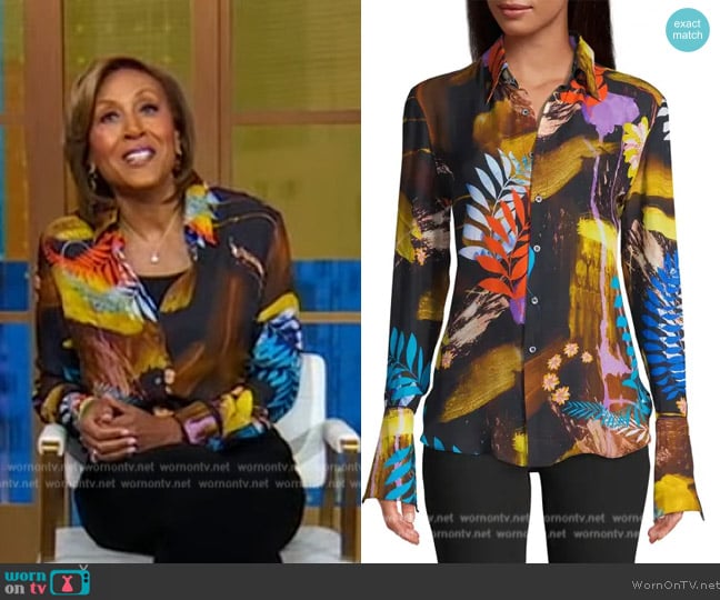 Robert Graham Gabriela Abstract Floral Print Flare-Sleeve Shirt worn by Robin Roberts on Good Morning America