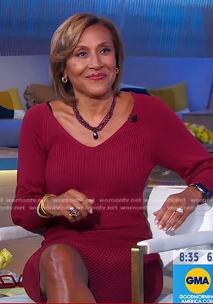 Robin’s burgundy ribbed sweater dress on Good Morning America