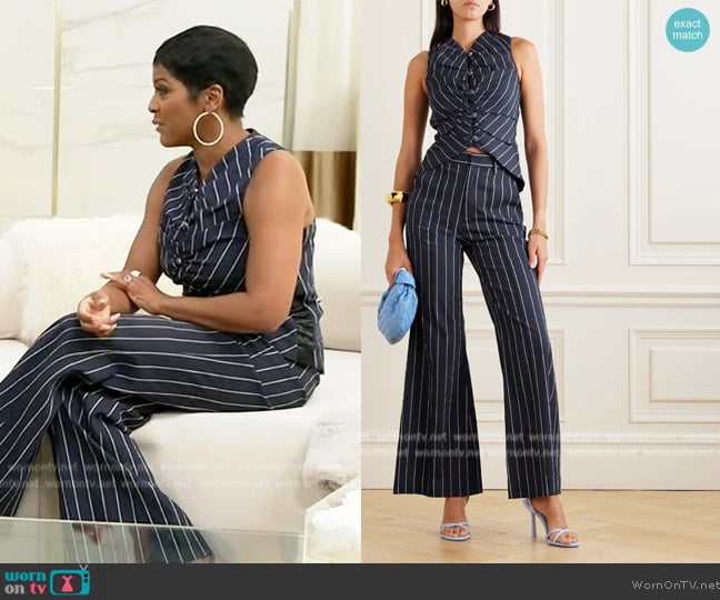 Rosie Assoulin All Buttoned Up striped seersucker vest worn by Tamron Hall on Tamron Hall Show