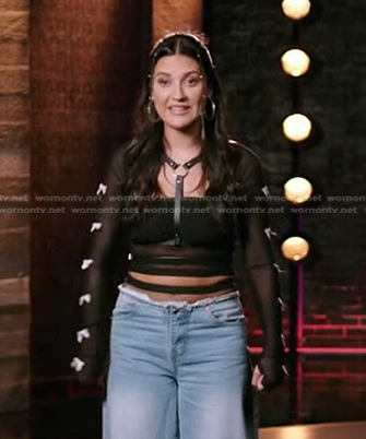 Rudi's black bow embellished mesh top on The Voice