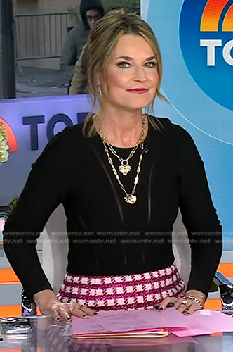 Savannah’s black mesh inset top and pink check skirt on Today