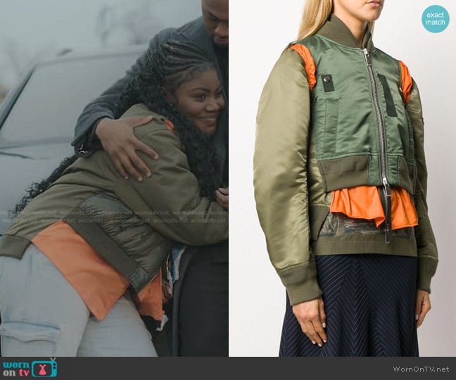 Sacai Layered Style Colour Block Bomber Jacket worn by Lynae (Zaria Imani Primer) on The Chi