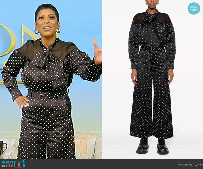 Sacai Pussy-bow mesh-trimmed polka-dot flocked satin shirt worn by Tamron Hall on Tamron Hall Show