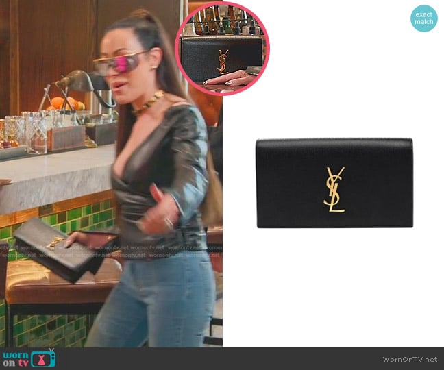 Saint Laurent Grain De Poudre Classic Monogram Kate Clutch worn by Angie Katsanevas on The Real Housewives of Salt Lake City