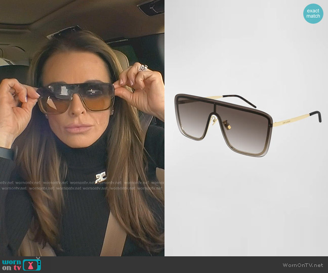 Saint Laurent Mask Shield Mirrored Sunglasses in Brown/Gold worn by Kyle Richards on The Real Housewives of Beverly Hills