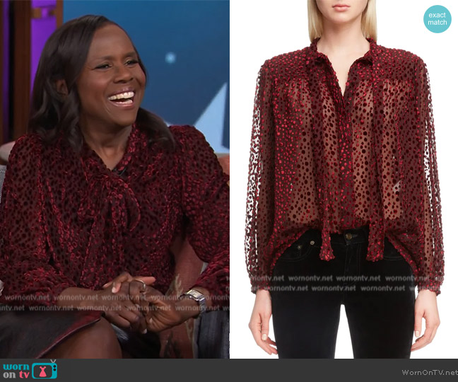 Saint Laurent Tie Neck Sheer Blouse worn by Deborah Roberts on The Kelly Clarkson Show