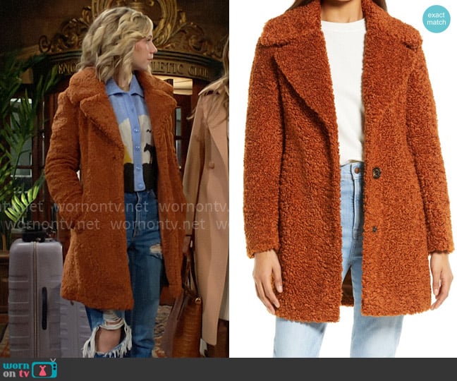 Sam Edelman Faux Shearling Jacket in Cognac worn by Lucy Romalotti (Lily Brooks O’ Briant) on The Young and the Restless