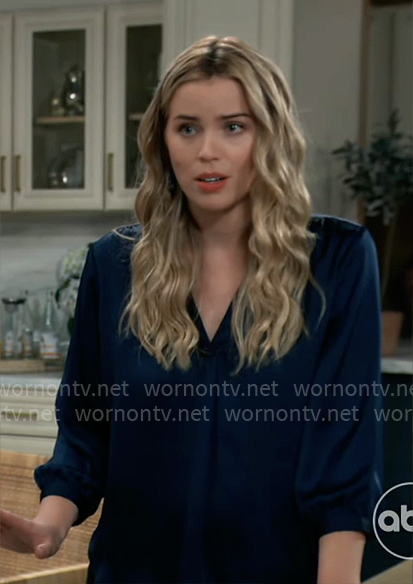 Sasha's blue v-neck satin blouse on General Hospital