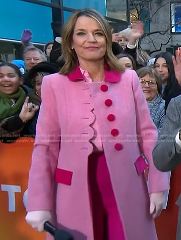 Savannah’s pink scalloped contrast coat on Today