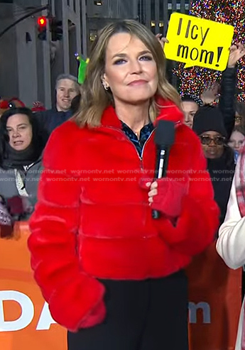 Savannah's red fur puffer jacket on Today