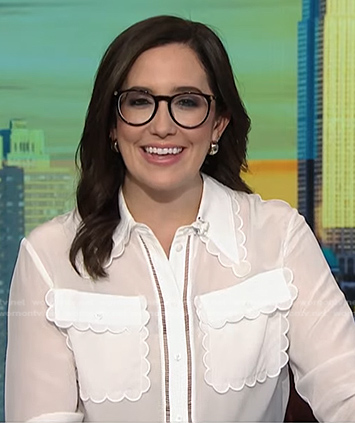 Savannah's white scalloped pocket blouse on NBC News Now