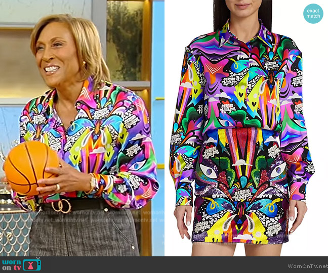 Sergio Hudson Logo Print Silk Charmeuse Blouse worn by Robin Roberts on Tamron Hall Show