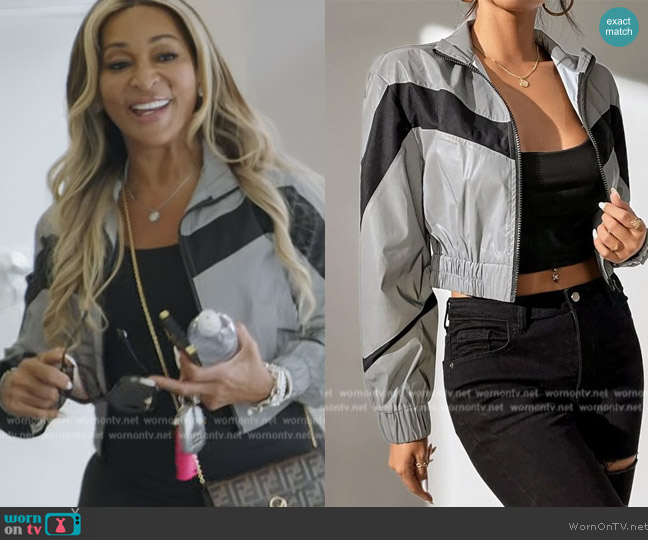 Shein Reflective Two Tone Zipper Crop Jacket worn by Karen Huger on The Real Housewives of Potomac