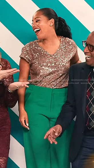 Sheinelle’s sequin top and green pants on Today Family Holiday Card