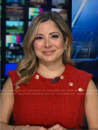 Silvana Henao's red button detail tweed dress on NBC News Daily