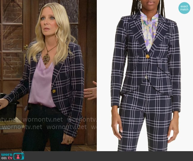 Smythe Plaid Stretch One-Button Blazer in Navy Lilac Grid worn by Christine Blair Williams (Lauralee Bell) on The Young and the Restless