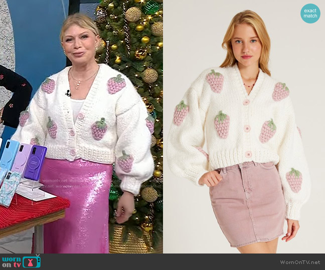 Society Mano Pink Strawberry White Cardigan worn by Jill Martin on Today