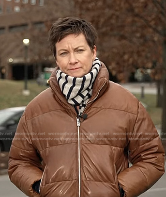 Stephanie Gosk’s brown puffer leather jacket on NBC News Daily