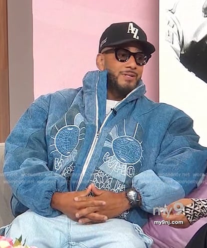 Swizz Beatz’s embroidered denim bomber jacket on Sherri