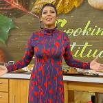 Tamron’s blue poppy print turtleneck dress on Tamron Hall Show