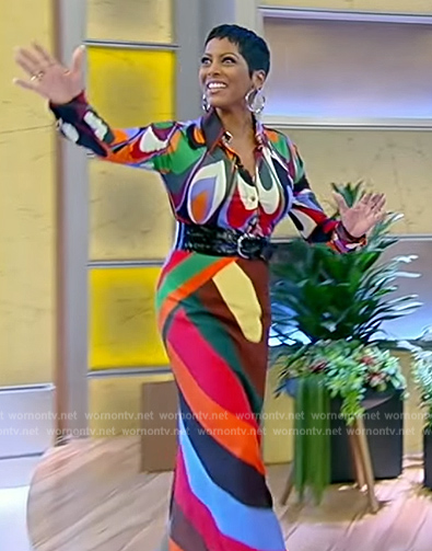 Tamron's abstract print top and skirt on Tamron Hall Show