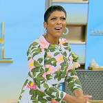 Tamron’s blue floral print dress and cardigan on Tamron Hall Show