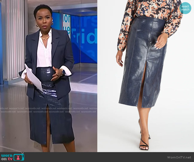 Tanya Taylor Salma Skirt in Dark Navy worn by Zinhle Essamuah on NBC News Daily