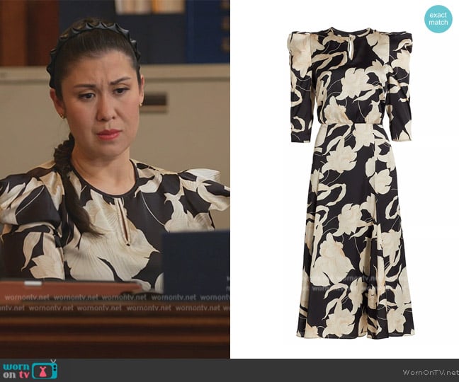 Teri Jon by Rickie Freeman Printed Puff-Shoulder Cocktail Dress worn by Sherri Kansky (Ruthie Ann Miles) on All Rise