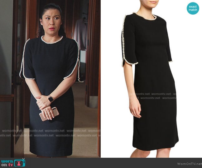 Rickie Freeman for Teri Jon Pearl Trimmed Sheath Dress worn by Sherri Kansky (Ruthie Ann Miles) on All Rise