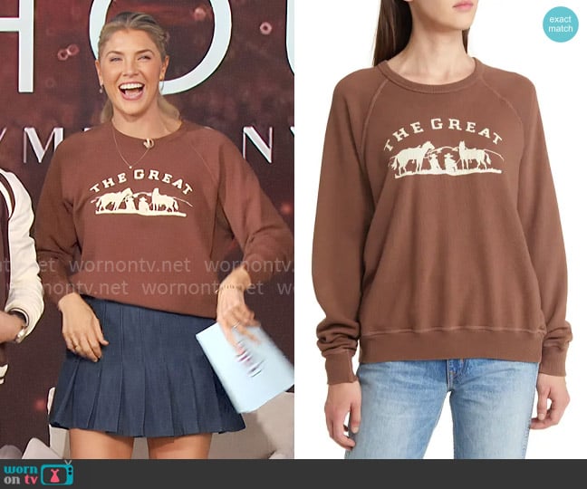 The Great The College Gaucho Sweatshirt in Hickory worn by Amanda Kloots on The Talk