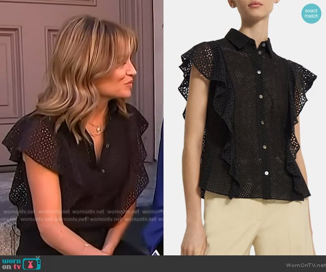 Theory Ruffled Shirt in Cotton Eyelet worn by Kit Hoover on Access Hollywood