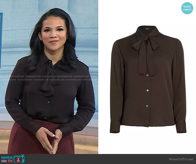 Theory Silk Tie Neck Blouse in Mink worn by Laura Jarrett on Today