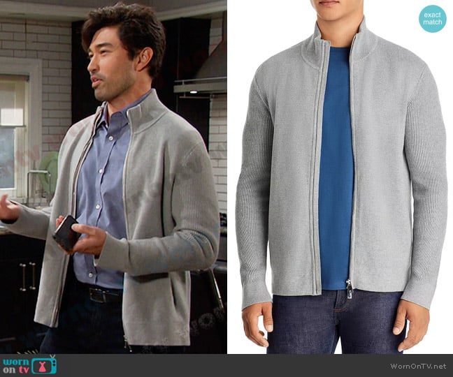 Theory Walton Organic Cotton Full Zip Ribbed Sweater worn by Li Shin (Remington Hoffman) on Days of our Lives